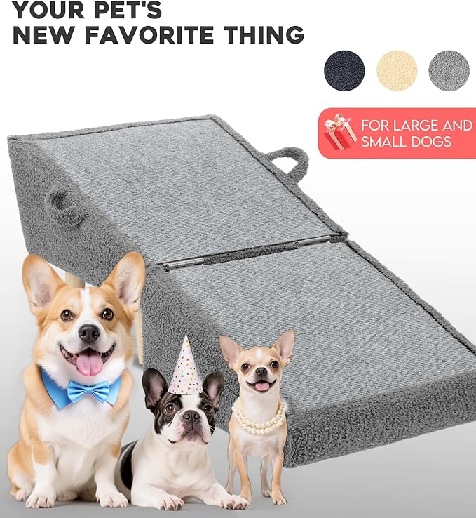 Dog Stairs for Small Dogs and Cats – 2-in-1 Dog Ramp for Bed and Couch, 16.5'' Foldable Wooden Pet Steps, Sturdy Multi-Use Split Ottoman Design, Dark Grey-PurrikoPets