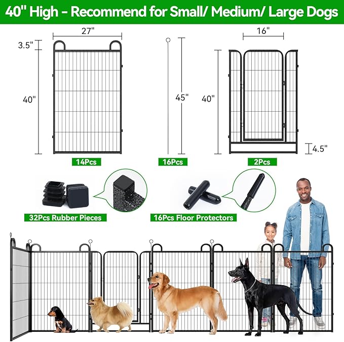 Dog Playpen Outdoor 16 Panels Heavy Duty Dog Fence 40" Height Anti-Rust with Doors Portable for RV Camping Yard, Total 36FT, 102 Sq.ft, Snowy Black-PurrikoPets