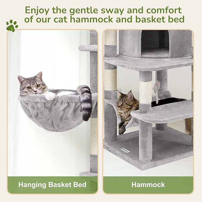 Globlazer Corner Cat Tree Tower for Indoor Cats, 51in Multi-Level Cat Condo Tower with Large Hammock, 7 Sisal Scratching Posts, Oversized Top Perch, Spacious Cat Cave, Hanging Basket, C51, Light Gray-PurrikoPets