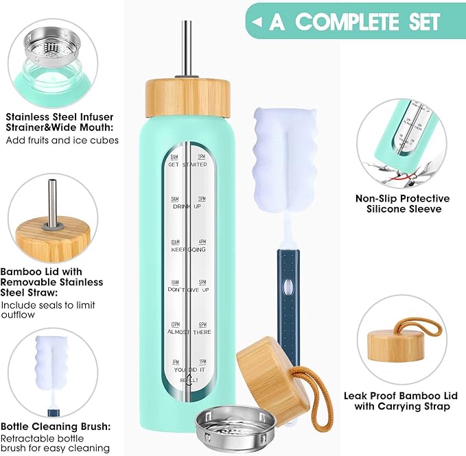 32 oz Glass Water Bottle with Straw - Motivational Time Marker & Silicone Sleeve - Reusable Tumbler Includes 2 Bamboo Lids & Fruit Infuser - 1 Pack-PurrikoPets