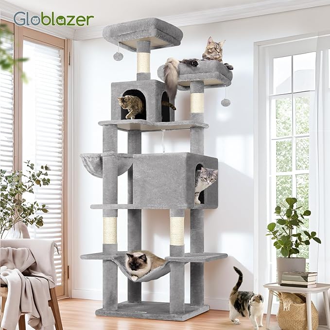 Globlazer Cat Tree Tower, 76-Inch Extra Tall Multi-Level Cat Furniture with Cozy Condos, Hammock and Perches for Adult Cats, Perfect for Climbing, Scratching, and Play, F76, Light Grey-PurrikoPets