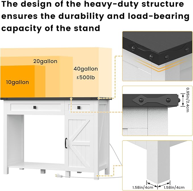 40 Gallon Aquarium Stand With Charging Station, Farmhouse Fish Tank Stand, Reptile Tank Stand Terrarium Stand with Drawer and Cabinet Storage, Sturdy Heavy Duty 41.9"×18.3" Tabletop - White-PurrikoPets