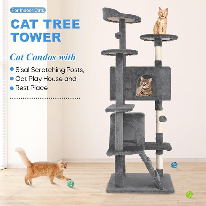 FDW Cat Tree 54in Cat Tower Multi-Level Durable Cat Scratching Post & Cozy Fun Cat Jumping Platform Space Saving Cat Condo Pet Play House for Indoor Cats,Light Gray-PurrikoPets