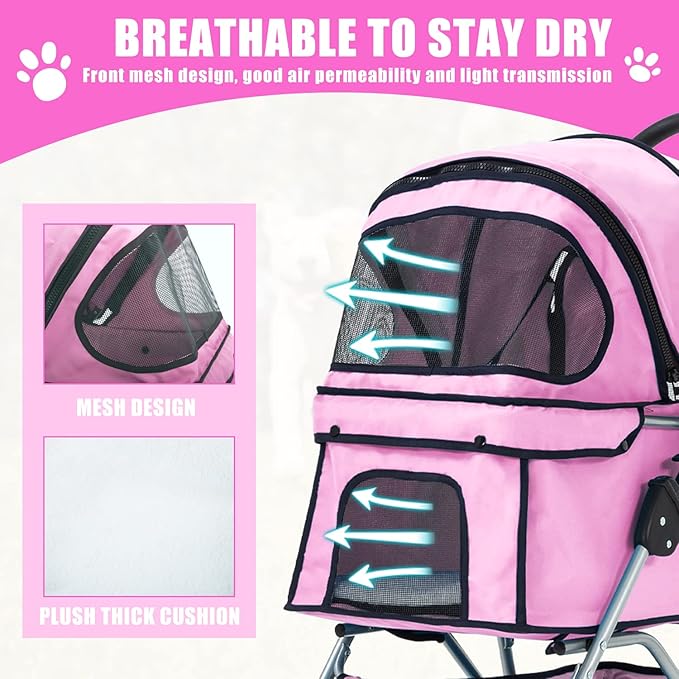 Dog Stroller, Folding 4 Wheels Pet Stroller for Small Medium Dog Cat Travel Carrier with Weather Cover Storage Basket Cup Holders Pink-PurrikoPets