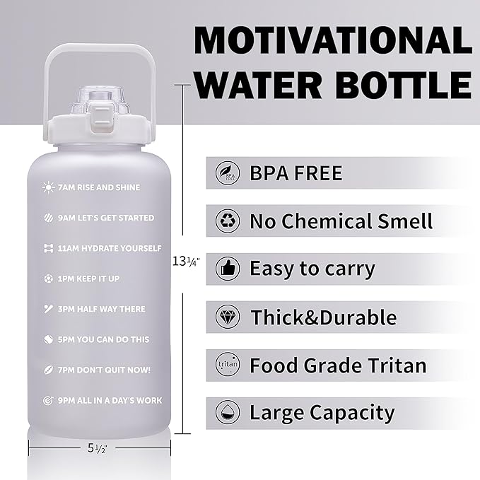 64oz,100oz,128oz Large Motivational Water Bottle with Time Marker, Leakproof & BPA Free Half Gallon Big Water Bottle with Straw Handle Tritan Frosted Water Jug for Gym,Fitness,Outdoor Sports-PurrikoPets