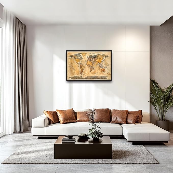 Extra Large World Map Framed Wall Art for Living Room,Oversized Vintage Map of The World Pictures Wall Decor,Canvas Print Painting Modern Artwork Bedroom Office Bathroom 36L" x 24W"-PurrikoPets