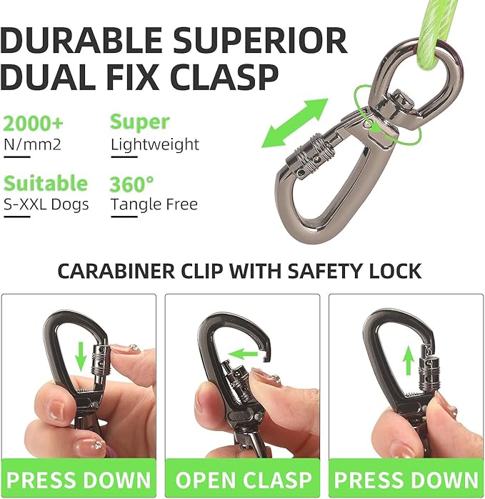 Dog tie Out Cable, 10/20/25/30/50/70/100 feet, Suitable for Dogs up to 350 pounds, Dog Cable with Swivel Buckle, Lightweight, Non-Winding, for Outdoor Camping, Yard Dog Cable (Green, 100FT)-PurrikoPets