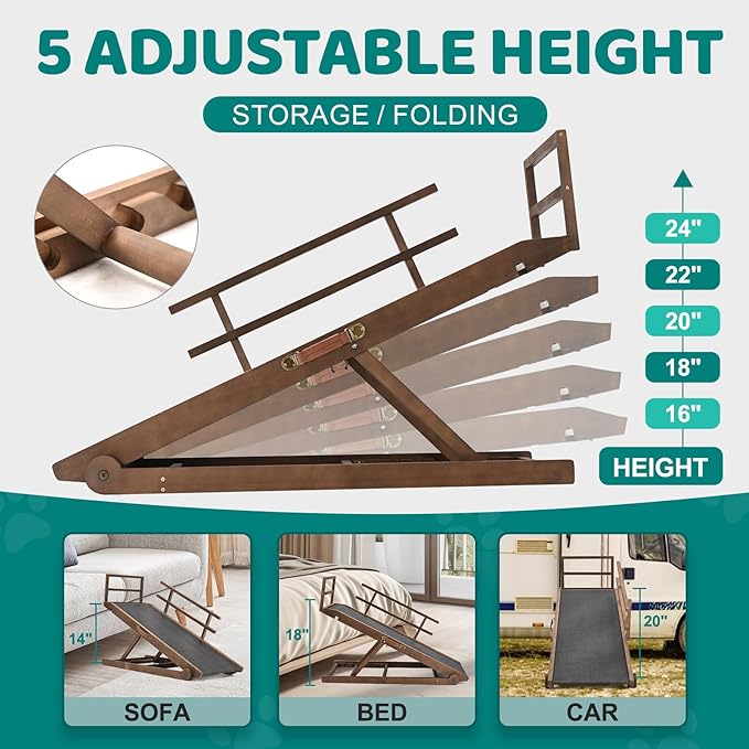 Dog Ramp for Bed, Adjustable Pet Ramps for Dog to Get on Bed, Non-Slip Rubber Surface - Folding Wooden Dog Ramp for Small/Large/Old Dogs, Adjustable up to 23.5 inch High Beds, Safety Railings-PurrikoPets