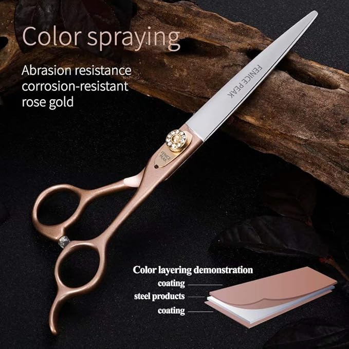 Fenice Peak 8'' Dog Straight Scissors for Grooming 440C Stainless Steel Rose Gold Professional Pet Trimming Scissors Sharp Blades Cutting for Dogs and Cats Shears-PurrikoPets