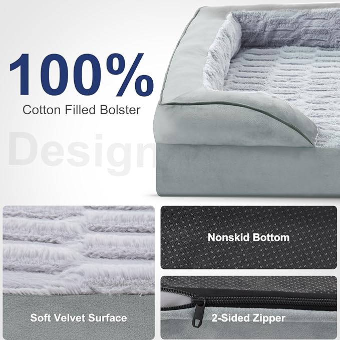 FURTIME Orthopedic Dog Bed for Extra Large Dogs - XL Plus Waterproof Dog Sofa Beds, Supportive Foam Pet Couch Bed with Removable Washable Cover, Waterproof Lining and Nonskid Bottom, Light Grey-PurrikoPets