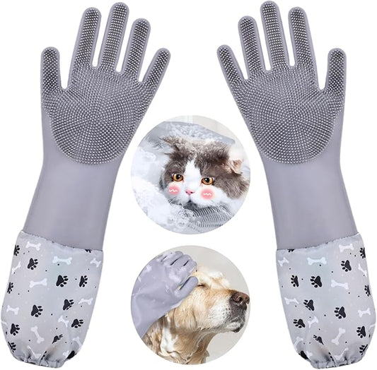 Dog Washing Gloves, Pet Grooming Gloves with Soft Brushes, Bathing and Massaging for Dogs and Cats, Silicone Heat Resistant Cleaning Gloves with High-Density Teeth (Gray)-PurrikoPets