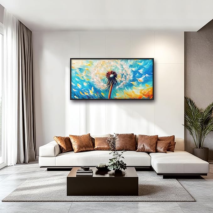 Extra Large Abstract Dandelion Framed Wall Art for Living Room,Oversized Colorful Dandelion Flower Pictures Wall Decor,Blue Canvas Print Painting Modern Artwork Bedroom Office Bathroom 60L" x 30W"-PurrikoPets
