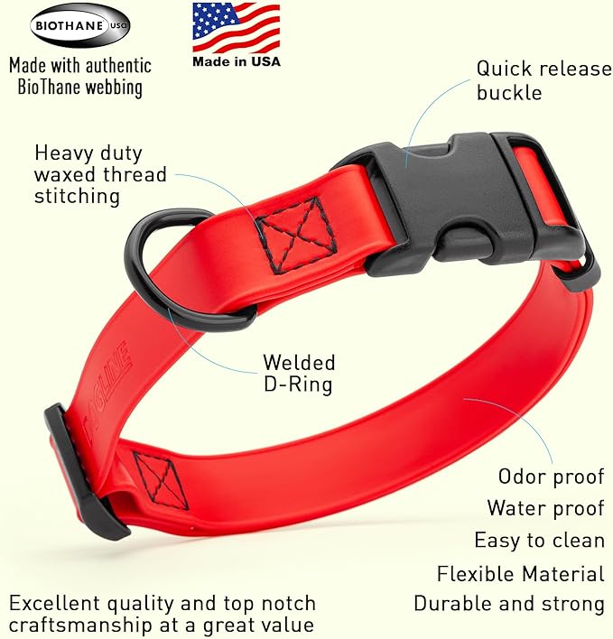 Dogline Biothane Waterproof Dog Collar with Quick Release Buckle Strong Coated Nylon Webbing with Odor- Proof for Easy Care Easy to Clean Fits Small Medium or Large Dogs, Red 1" W 15-23" L-PurrikoPets
