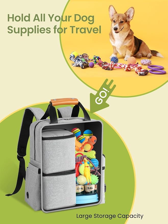 Dog Travel Bag, 25L Airline Approved Dog Travel Backpack for Pet Travel Accessories with 2 Food Storage Containers, 2 Foldable Bowls for Short Trips, Grey-PurrikoPets