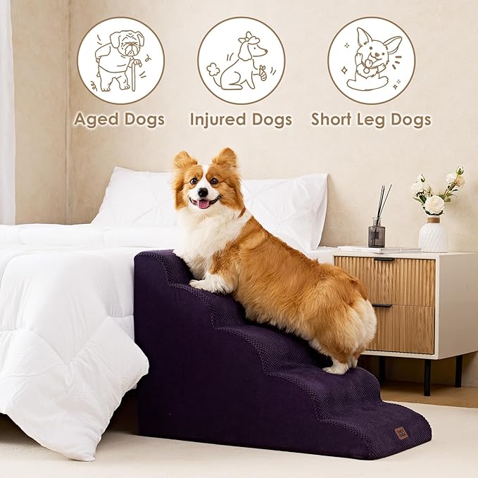 EHEYCIGA Curved Dog Stairs Ramp for High Beds 22.6" H, 5-Step Dog Steps for Small Dogs and Cats, Pet Stairs for High Bed Climbing, Non-Slip Balanced Pet Step Indoor, Purple-PurrikoPets