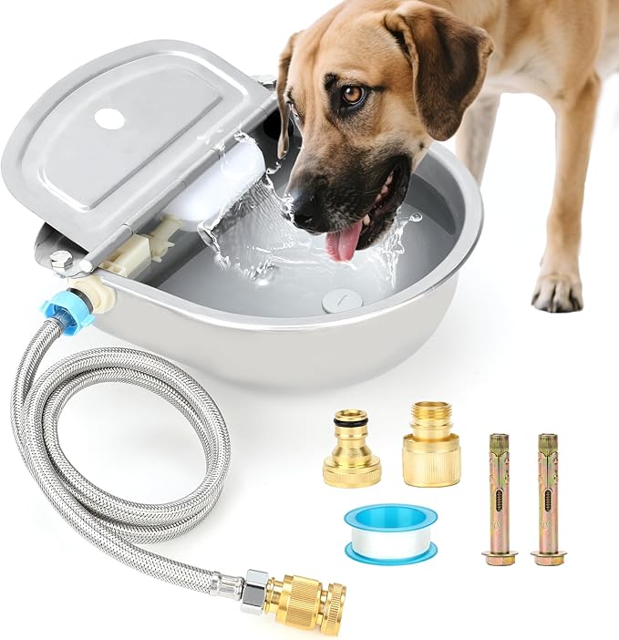 FHTONGE 304 Stainless Steel Automatic Water Dispenser with Drainage for Outdoor Big Dog, Large Auto Fill Dog Waterer Float Valves for Livestock Poultry Horse Cow Goat Pig Chicken Duck Rabbit Drinking-PurrikoPets