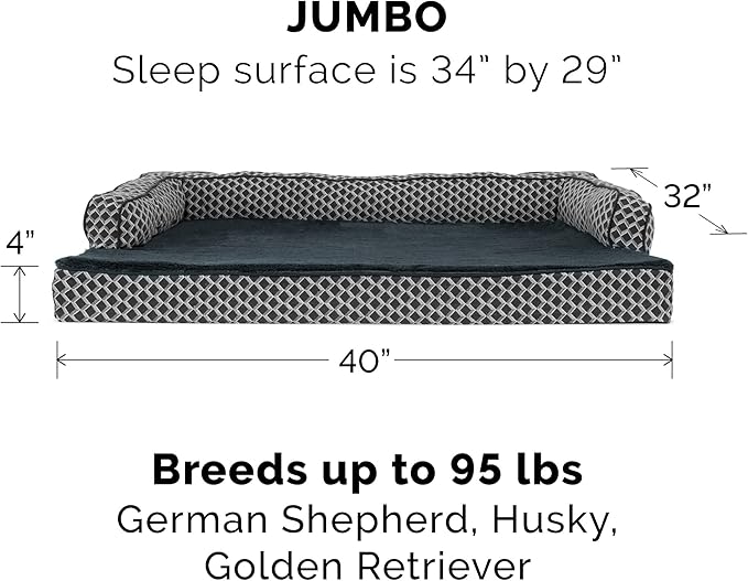 Furhaven Memory Foam Dog Bed for Large Dogs w/ Removable Bolsters & Washable Cover, For Dogs Up to 95 lbs - Plush & Woven Decor Comfy Couch Sofa - Diamond Gray, Jumbo/XL-PurrikoPets