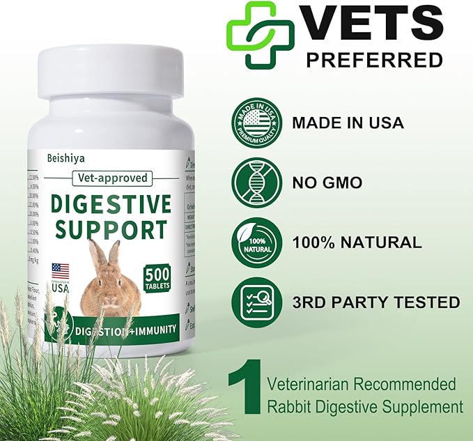 500 Tablets, Digestive Support Rabbit, Support GI Stasis, Bloat, Constipation, and Diarrhea, Strengthens Immune System, Premium Formula with High Fiber, Vitamins and Probiotics, Non-GMO-PurrikoPets