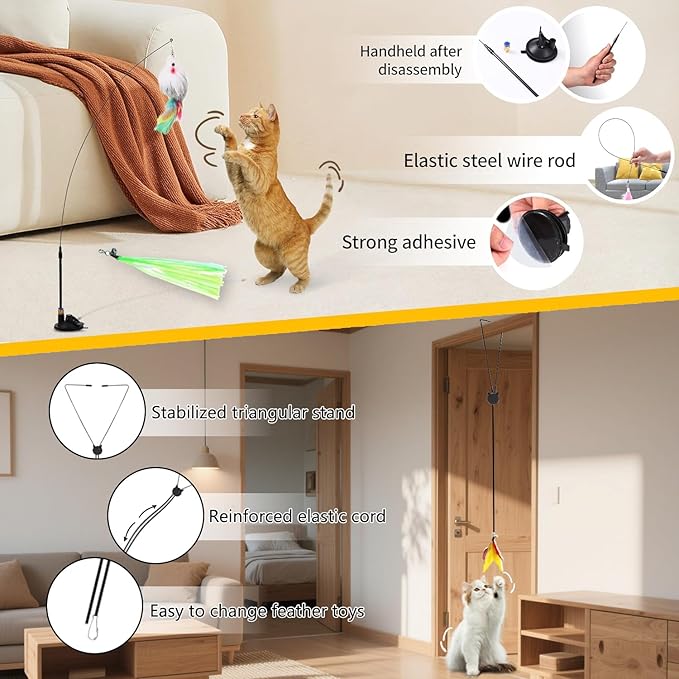 4-in-1 Interactive Cat Feather Toys with Durable Retractable Fishing Pole, Enhanced Suction Cup Toy, Door Hanging Teaser Toy and 11 Attachments Replacements for Bored Indoor Adult Cats-PurrikoPets