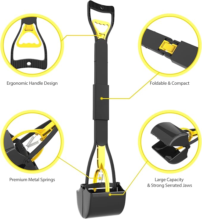 32" Heavy Duty Dog Pooper Scooper for Large Dogs, Extra Long Handle Foldable Poop Pick Up Tool with Durable Spring, Great for Yard, Lawns, Grass, Dirt, Gravel-PurrikoPets