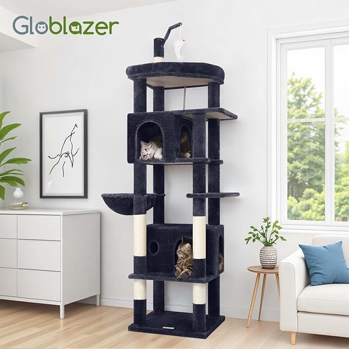 Globlazer Large Cat Tree Tower, Tall Cat Tree Condos for Indoor Cats Large Adult Cat Climbing Tower with 2 Spacious Caves, Oversized Top Perch, Big Hanging Basket, Cat Teaser Wand, F74B, Dark Grey-PurrikoPets