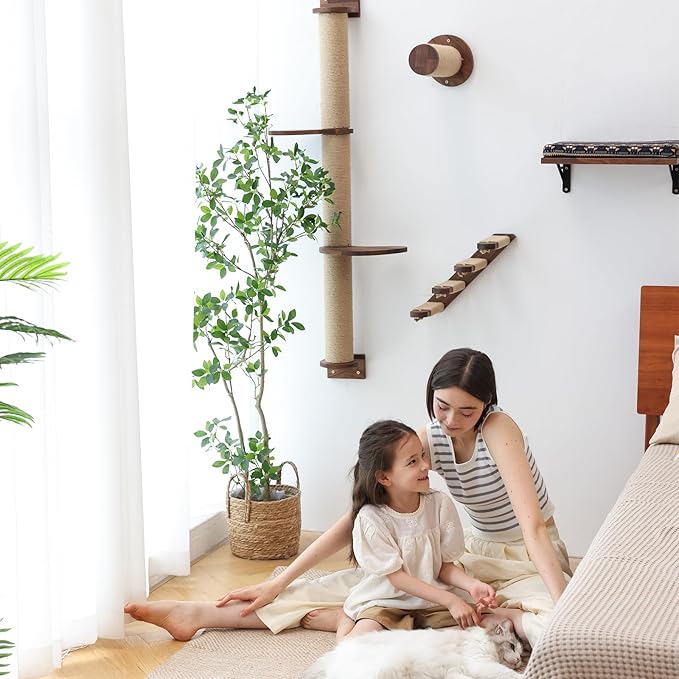 FUKUMARU Cat Wall Furniture, 11.8 Inch Cats Shelves for Drywall, Walnut Wood Kitten Stairs for Wall Mounted with Jute Scratching Kittens Steps, 2 of Pack-PurrikoPets