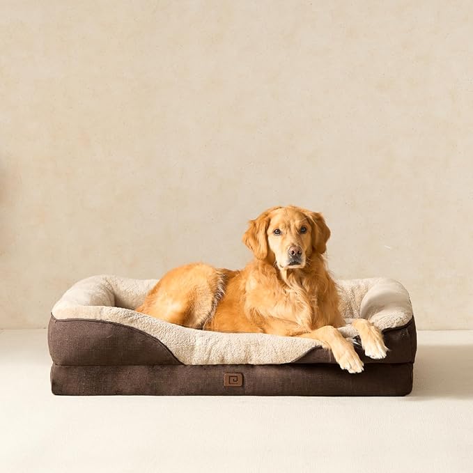 EHEYCIGA Memory Foam XL Dog Bed for XLarge Sized, Extra Large Orthopedic Dog Sofa with Sides and Waterproof Liner, Washable Bolster Pet Bed Couch with Removable Cover, 42x30x7.5 Inch, Brown-PurrikoPets