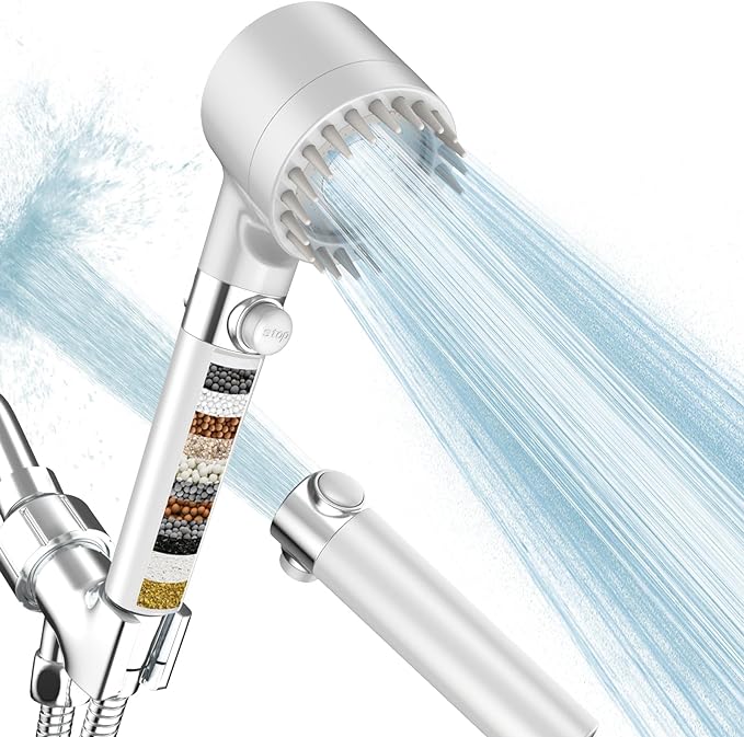 Filtered Shower Head with Handheld, High Pressure 3 Spray Mode Showerhead with 18 Stage Water Softener Filters for Hard Water - Handheld Shower Head-Remove Chlorine-White-PurrikoPets