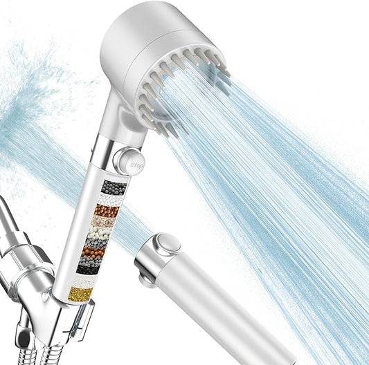 Filtered Shower Head with Handheld, High Pressure 3 Spray Mode Showerhead with 18 Stage Water Softener Filters for Hard Water - Handheld Shower Head-Remove Chlorine-White-PurrikoPets
