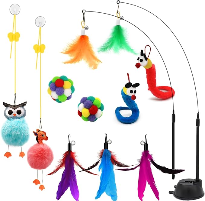 4-in-1 Interactive Cat Toys Set with Suction Cup Wand, Hanging Cat Toys, Fishing Pole Cat Wand & Kitten Balls- Includes Variety Replaceable Worms, Feathers for Indoor Bored Cats for Exercise-PurrikoPets