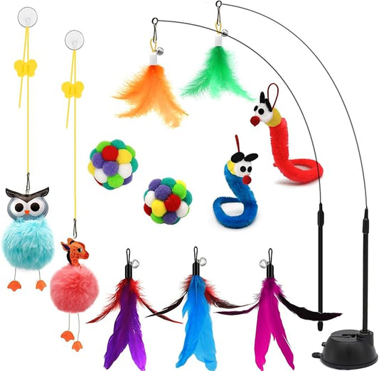 4-in-1 Interactive Cat Toys Set with Suction Cup Wand, Hanging Cat Toys, Fishing Pole Cat Wand & Kitten Balls- Includes Variety Replaceable Worms, Feathers for Indoor Bored Cats for Exercise-PurrikoPets