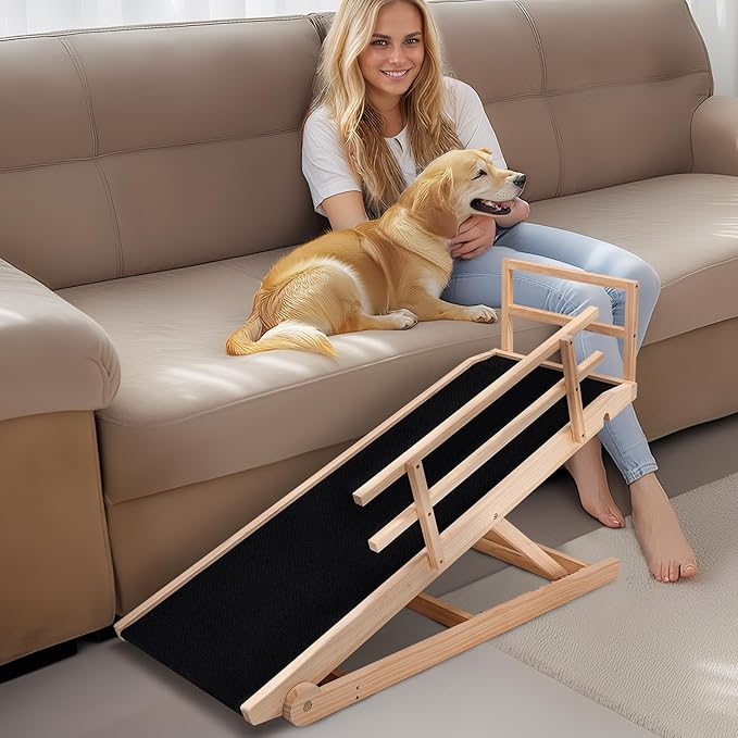Dog Ramp, 5 Level Adjustable Wooden Folding Pet Ramp for Middle Bed, Couch,SUV-High Traction, Portable Paw Ramps for Small & Large Old Dogs & Cats - Furniture Quality-PurrikoPets