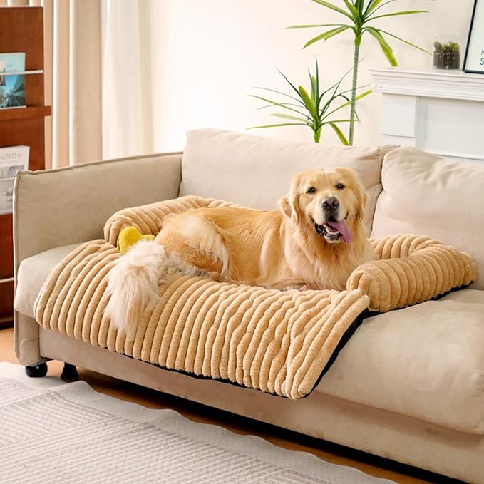 FUNNY FUZZY Pet Couch Cover for Sofa, Calming Dog Bed for Couch, Fluffy Plush Dog Couch Mat for Furniture Protector for Large Medium Small Pets, 47×37 in, Khaki-PurrikoPets