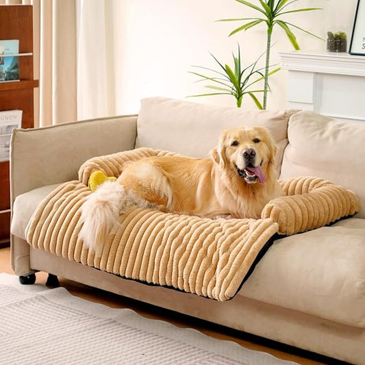 FUNNY FUZZY Pet Couch Cover for Sofa, Calming Dog Bed for Couch, Fluffy Plush Dog Couch Mat for Furniture Protector for Large Medium Small Pets, 47×37 in, Khaki-PurrikoPets