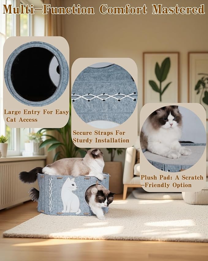 2-in-1 Large Cat House for Indoor Cats, Felt Cat Cave with Cushion, Dual Entrances & Sisal Ball Toy, Enclosed Bed for Large Cats or Multi-Cat Use, Supports 88 lbs-PurrikoPets