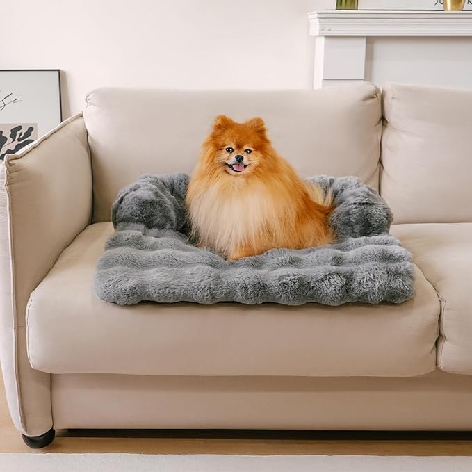 FUNNY FUZZY Pet Fluffy Fuzzy Couch Cover, Calming Washable Dog Bed Sofa Protector Pets Mat for Small Dogs and Cats (Grey,27.56 × 24.02 × 5.51 in)-PurrikoPets
