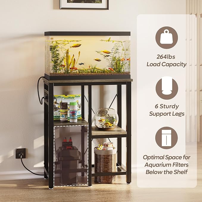 10 Gallon Fish Tank Stand with Power Outlets, 20 x10 Metal Aquarium Stand with 3-Tiers Adjustable Storage Shelves, 6-Legs Reptile Terrarium Stand, 264 LBs-PurrikoPets