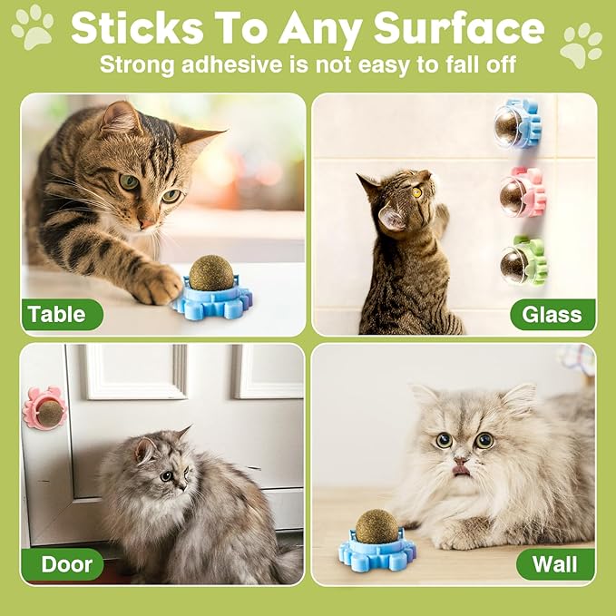 360° Catnip for Cats Wall Catnip Rollerball Licking Ball Cat Nips Mint Magic Cat Stick on Wall Crack Balls Lickable Play Chew Teeth Cleaning Pet Chew Indoor Outdoor-PurrikoPets