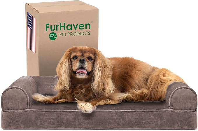 Furhaven Cooling Gel Dog Bed for Medium/Small Dogs w/ Removable Bolsters & Washable Cover, For Dogs Up to 35 lbs - Faux Fur & Velvet Sofa - Driftwood Brown, Medium-PurrikoPets