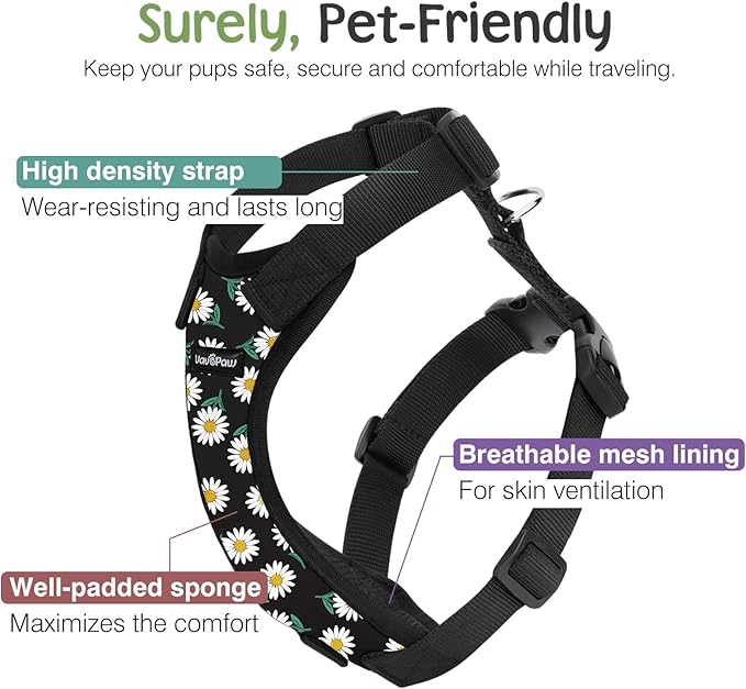 Dog Seat Belt, Safety Vest Dog Car Harness with Adjustable Buckle Dog Seat Belt for Vehicle Nylon Pet Safety Seat Belts Heavy Duty(L, Black Daisy)-PurrikoPets