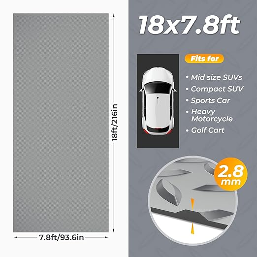 7.8 x 18 FT Garage Floor Mats for Under Car, 2.8mm Thickened Rubber Garage Flooring Roll, M Size 140.4 SQFT Garage Car Mat for Mid-Size SUVs, Sports Car, Light Grey-PurrikoPets