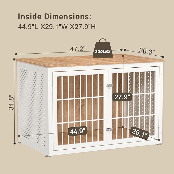 48" Heavy Duty Dog Crate Furniture for Large Dogs, Metal Kennel for High Anxiety Dogs, White Wooden Cage Furniture Indoor, Decorative Dog Kennel End Table, XL-PurrikoPets