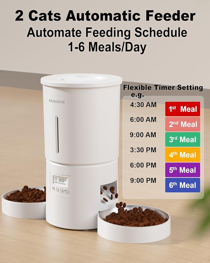 Dual Automatic Cat Feeder 2 Cats,6 Meals/Day,12 Portions/Meal,4.2L Dual Power Double Bowls Feeder,Dry Food Auto Pet Dispenser,10S Voice Record,Flexible Schedule Timer(White,Stainless Dual Bowls)-PurrikoPets