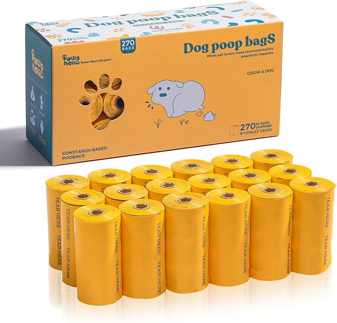 Dog Poop Bags Rolls Biodegradable 100% Leak Proof Thickened Dog Waste Bags -270 Count 18 Rolls - Cornstarch Based Doggie Poop Bag for Puppy and Big Dogs(Unscented)-PurrikoPets