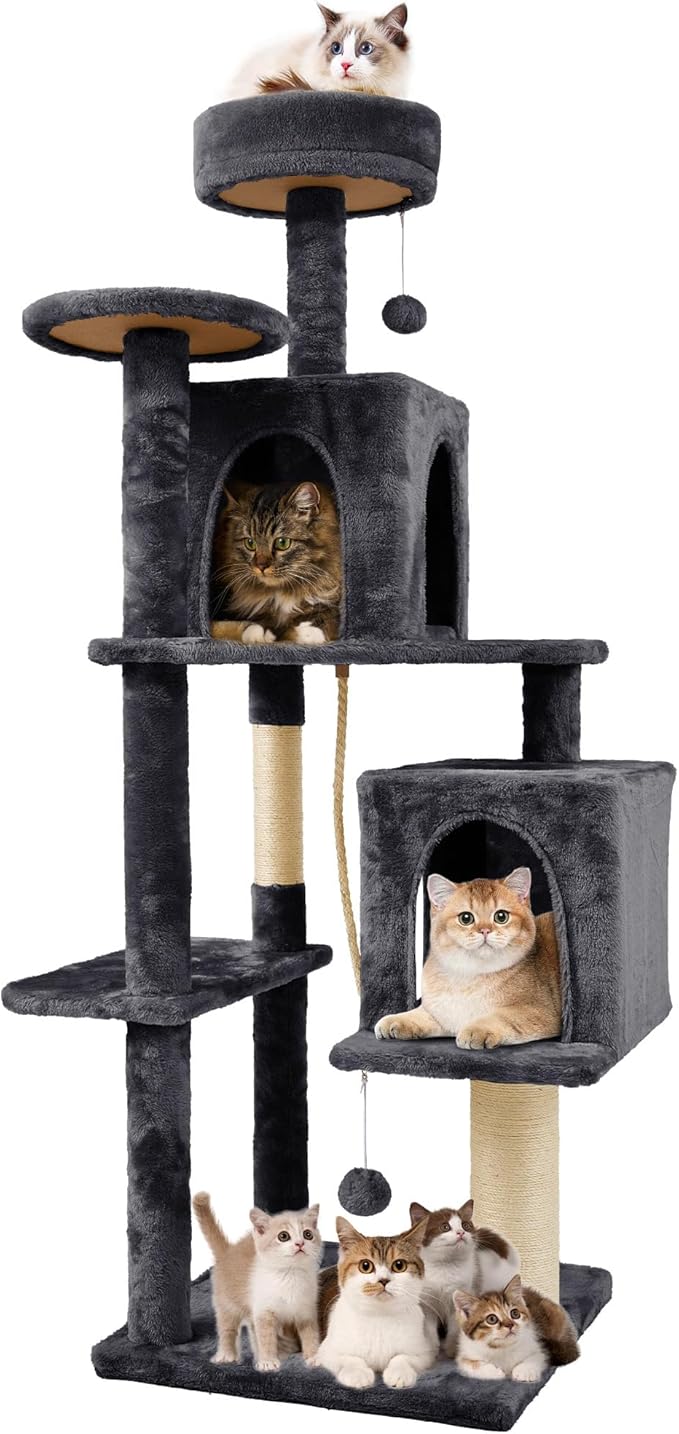 59in Large Cat Tree Tower for Indoor Cats with Soft Plush Hang Ball, Two Condos, Sisal Scratch Posts & Rope Play for Kittens/Adult Cats, New Dark Grey-PurrikoPets