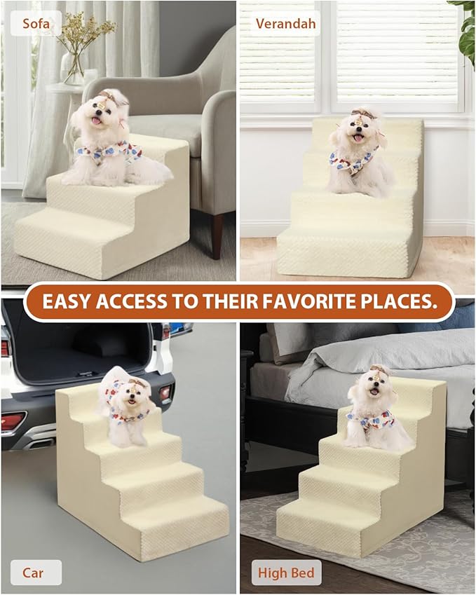 Dog Stairs for Small Dogs,17.5" H,4-Step Dog Steps for High Bed Couch and Sofa,Pet Stairs for Dogs and Cats Climbing with Non-Slip Bottom and Washable Cover,Beige-PurrikoPets