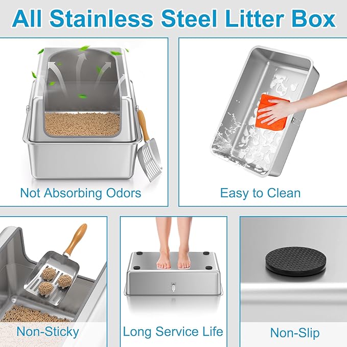 12'' High Sides XL All Stainless Steel Cat Litter Box with Lid,Deep Metal Litter Box for Big Cats,Extra Large Litter Boxes with High Wall Enclosure,Anti-Leakage,Never Absorbs Odors,Non-Sticky Surface-PurrikoPets