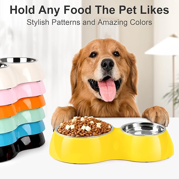 Elevated Dog Bowls Set - Non-Slip Raised Pet Feeder with Medium (2 Cups) & Large (4 Cups) Stainless Steel Bowls - Includes Durable Resin Stand for Puppies, Adult Dogs & Cats - Yellow-PurrikoPets
