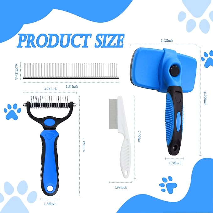 4 in 1 Cat Grooming Brush Self Cleaning Slicker Brush Dematting Tool for Dogs & Cats Haired Pets Skin Friendly, Deshedding Tool, Suitable for Pet Supplies Accessories, Blue-PurrikoPets