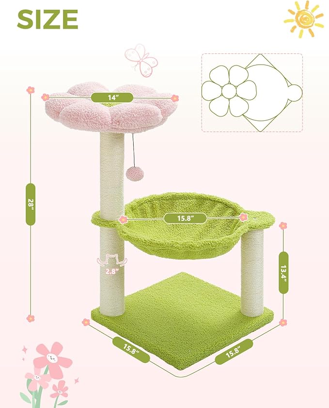 Flower Cat Tree, 28" Cat Tower with Cozy Flower Perch, Large Hammock for Indoor Small Cats, Cute Cat Tree with Sisal Scratching Post and Fur Toy Ball for Kittens, Pink-PurrikoPets